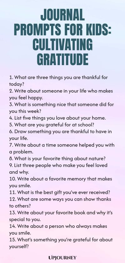 Journal Prompts for Kids: Cultivating Gratitude 1. What are three things you are thankful for today? 2. Write about someone in your life who makes you feel happy. 3. What is something nice that someone did for you this week? 4. List five things you love about your home. 5. What are you grateful for at school? 6. Draw something you are thankful to have in your life. 7. Write about a time someone helped you with a problem. 8. What is your favorite thing about nature? 9. List t...