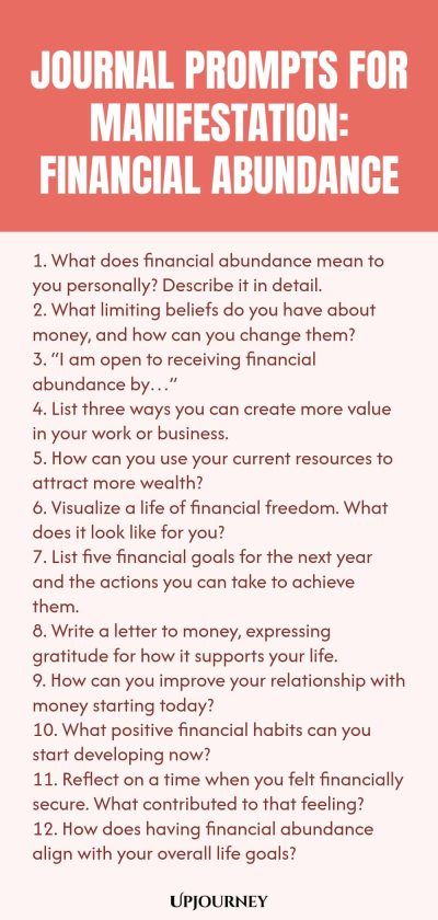 Journal Prompts for Manifestation: Financial Abundance 1. What does financial abundance mean to you personally? Describe it in detail. 2. What limiting beliefs do you have about money, and how can you change them? 3. โI am open to receiving financial abundance byโฆโ 4. List three ways you can create more value in your work or business. 5. How can you use your current resources to attract more wealth? 6. Visualize a life of financial freedom. What does it look like for you? 7. L...