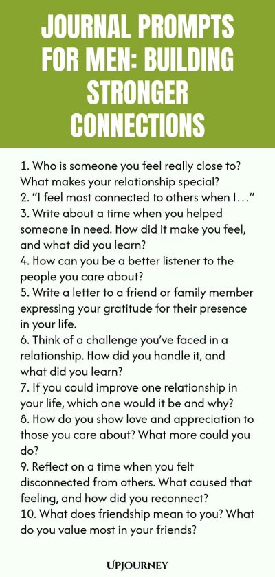 Journal Prompts for Men: Building Stronger Connections 1. Who is someone you feel really close to? What makes your relationship special? 2. โI feel most connected to others when Iโฆโ 3. Write about a time when you helped someone in need. How did it make you feel, and what did you learn? 4. How can you be a better listener to the people you care about? 5. Write a letter to a friend or family member expressing your gratitude for their presence in your life. 6. Think of a challenge...
