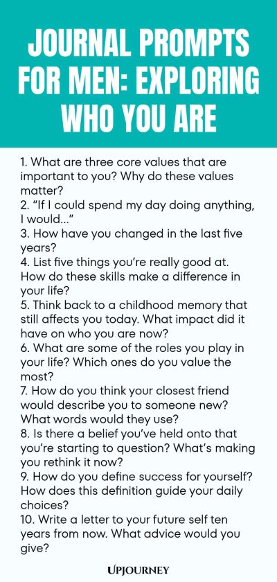 Journal Prompts for Men: Exploring Who You Are 1. What are three core values that are important to you? Why do these values matter? 2. โIf I could spend my day doing anything, I wouldโฆโ 3. How have you changed in the last five years? 4. List five things youโre really good at. How do these skills make a difference in your life? 5. Think back to a childhood memory that still affects you today. What impact did it have on who you are now? 6. What are some of the roles you play in y...