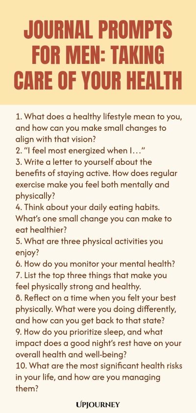 Journal Prompts for Men: Taking Care of Your Health 1. What does a healthy lifestyle mean to you, and how can you make small changes to align with that vision? 2. โI feel most energized when Iโฆโ 3. Write a letter to yourself about the benefits of staying active. How does regular exercise make you feel both mentally and physically? 4. Think about your daily eating habits. Whatโs one small change you can make to eat healthier? 5. What are three physical activities you enjoy? 6. H...