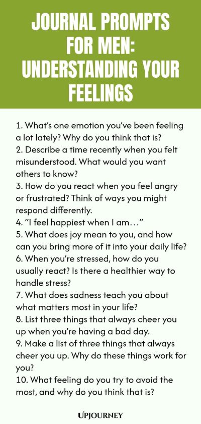 Journal Prompts for Men: Understanding Your Feelings 1. Whatโs one emotion youโve been feeling a lot lately? Why do you think that is? 2. Describe a time recently when you felt misunderstood. What would you want others to know? 3. How do you react when you feel angry or frustrated? Think of ways you might respond differently. 4. โI feel happiest when I amโฆโ 5. What does joy mean to you, and how can you bring more of it into your daily life? 6. When youโre stressed, how do you u...