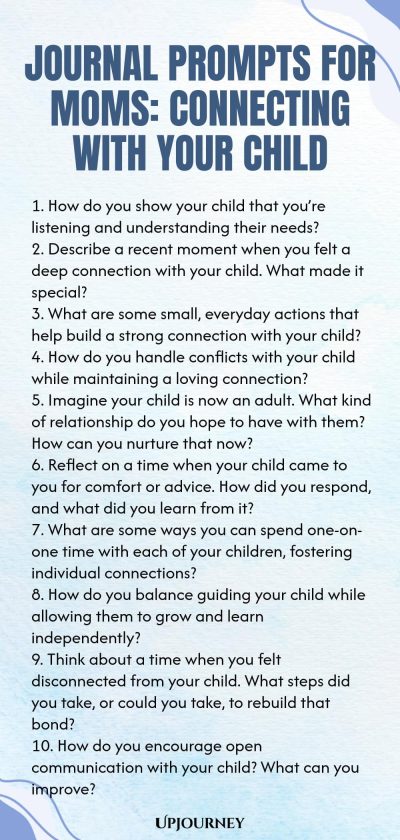 Journal Prompts for Moms: Connecting with Your Child 1. How do you show your child that you’re listening and understanding their needs? 2. Describe a recent moment when you felt a deep connection with your child. What made it special? 3. What are some small, everyday actions that help build a strong connection with your child? 4. How do you handle conflicts with your child while maintaining a loving connection? 5. Imagine your child is now an adult. What kind of relationship do ...