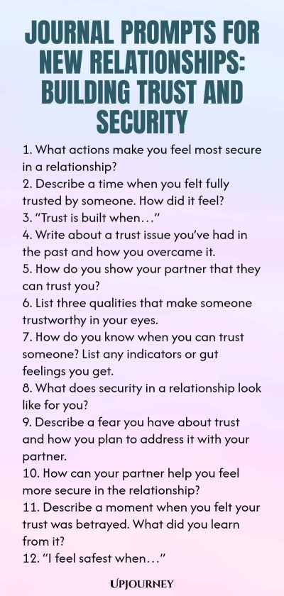 Journal Prompts for New Relationships: Building Trust and Security 1. What actions make you feel most secure in a relationship? 2. Describe a time when you felt fully trusted by someone. How did it feel? 3. โTrust is built whenโฆโ 4. Write about a trust issue youโve had in the past and how you overcame it. 5. How do you show your partner that they can trust you? 6. List three qualities that make someone trustworthy in your eyes. 7. How do you know when you can trust someone? Li...