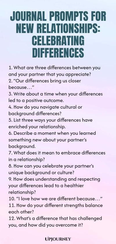Journal Prompts for New Relationships: Celebrating Differences 1. What are three differences between you and your partner that you appreciate? 2. โOur differences bring us closer becauseโฆโ 3. Write about a time when your differences led to a positive outcome. 4. How do you navigate cultural or background differences? 5. List three ways your differences have enriched your relationship. 6. Describe a moment when you learned something new about your partnerโs background. 7. What ...