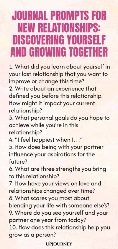 Journal Prompts for New Relationships: Discovering Yourself and Growing Together 1. What did you learn about yourself in your last relationship that you want to improve or change this time? 2. Write about an experience that defined you before this relationship. How might it impact your current relationship? 3. What personal goals do you hope to achieve while youโre in this relationship? 4. โI feel happiest when Iโฆโ 5. How does being with your partner influence your aspirations f...