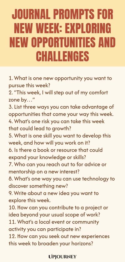 Journal Prompts for New Week: Exploring New Opportunities and Challenges 1. What is one new opportunity you want to pursue this week? 2. โThis week, I will step out of my comfort zone byโฆโ 3. List three ways you can take advantage of opportunities that come your way this week. 4. Whatโs one risk you can take this week that could lead to growth? 5. What is one skill you want to develop this week, and how will you work on it? 6. Is there a book or resource that could expand your knowl...