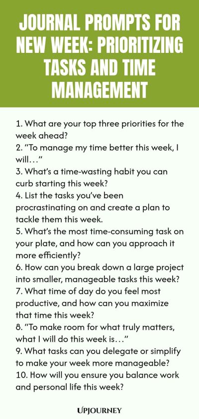 Journal Prompts for New Week: Prioritizing Tasks and Time Management 1. What are your top three priorities for the week ahead? 2. โTo manage my time better this week, I willโฆโ 3. Whatโs a time-wasting habit you can curb starting this week? 4. List the tasks youโve been procrastinating on and create a plan to tackle them this week. 5. Whatโs the most time-consuming task on your plate, and how can you approach it more efficiently? 6. How can you break down a large project into smaller...