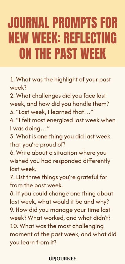 Journal Prompts for New Week: Reflecting on the Past Week 1. What was the highlight of your past week? 2. What challenges did you face last week, and how did you handle them? 3. โLast week, I learned thatโฆโ 4. โI felt most energized last week when I was doingโฆโ 5. What is one thing you did last week that youโre proud of? 6. Write about a situation where you wished you had responded differently last week. 7. List three things youโre grateful for from the past week. 8. If you could ch...