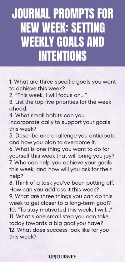 Journal Prompts for New Week: Setting Weekly Goals and Intentions 1. What are three specific goals you want to achieve this week? 2. โThis week, I will focus onโฆโ 3. List the top five priorities for the week ahead. 4. What small habits can you incorporate daily to support your goals this week? 5. Describe one challenge you anticipate and how you plan to overcome it. 6. What is one thing you want to do for yourself this week that will bring you joy? 7. Who can help you achieve ...