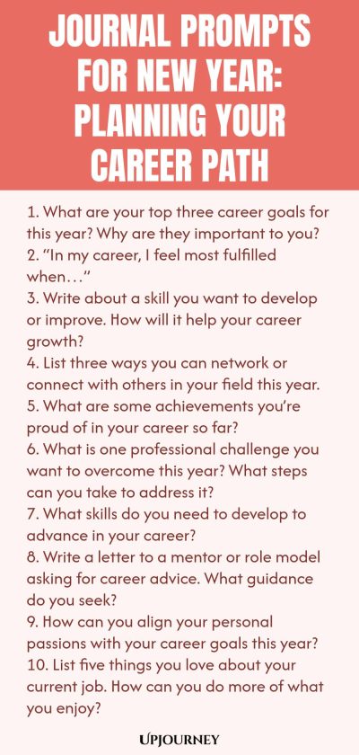Journal Prompts for New Year: Planning Your Career Path 1. What are your top three career goals for this year? Why are they important to you? 2. “In my career, I feel most fulfilled when…” 3. Write about a skill you want to develop or improve. How will it help your career growth? 4. List three ways you can network or connect with others in your field this year. 5. What are some achievements you’re proud of in your career so far? 6. What is one professional challenge you want to...