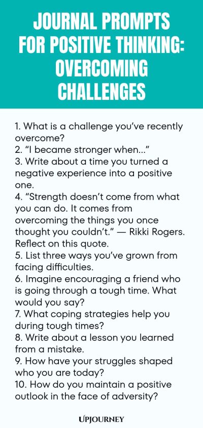 Journal Prompts for Positive Thinking: Overcoming Challenges 1. What is a challenge you’ve recently overcome? 2. “I became stronger when…” 3. Write about a time you turned a negative experience into a positive one. 4. “Strength doesn’t come from what you can do. It comes from overcoming the things you once thought you couldn’t.” — Rikki Rogers. Reflect on this quote. 5. List three ways you’ve grown from facing difficulties. 6. Imagine encouraging a friend who is going through a...