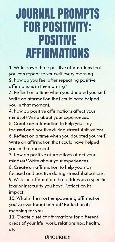 Journal Prompts for Positivity: Positive Affirmations 1. Write down three positive affirmations that you can repeat to yourself every morning. 2. How do you feel after repeating positive affirmations in the morning? 3. Reflect on a time when you doubted yourself. Write an affirmation that could have helped you in that moment. 4. How do positive affirmations affect your mindset? Write about your experiences. 5. Create an affirmation to help you stay focused and positive during st...