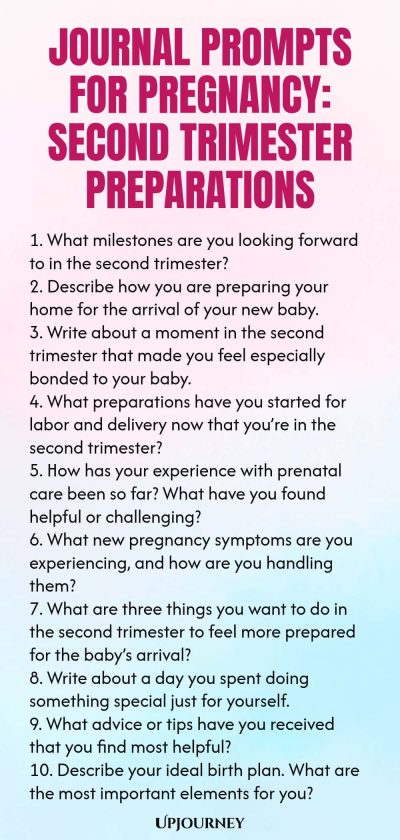 Journal Prompts for Pregnancy: Second Trimester Preparations 1. What milestones are you looking forward to in the second trimester? 2. Describe how you are preparing your home for the arrival of your new baby. 3. Write about a moment in the second trimester that made you feel especially bonded to your baby. 4. What preparations have you started for labor and delivery now that you’re in the second trimester? 5. How has your experience with prenatal care been so far? What have you...