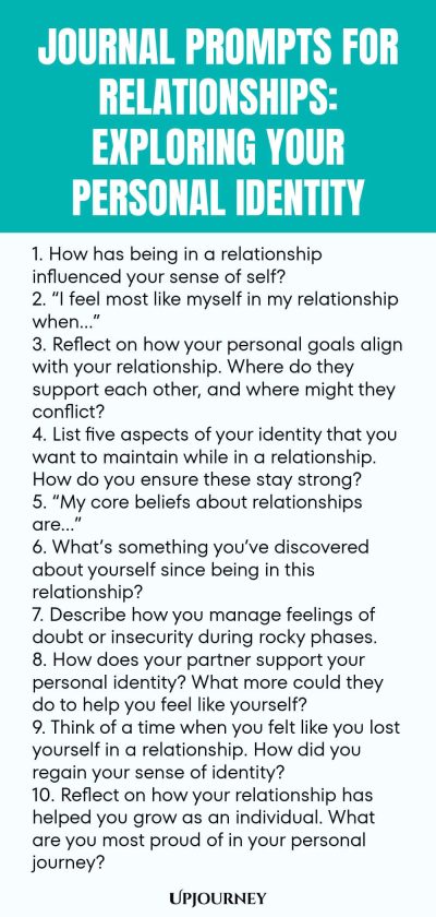 Journal Prompts for Relationships: Exploring Your Personal Identity 1. How has being in a relationship influenced your sense of self? 2. “I feel most like myself in my relationship when…” 3. Reflect on how your personal goals align with your relationship. Where do they support each other, and where might they conflict? 4. List five aspects of your identity that you want to maintain while in a relationship. How do you ensure these stay strong? 5. “My core beliefs about relationsh...