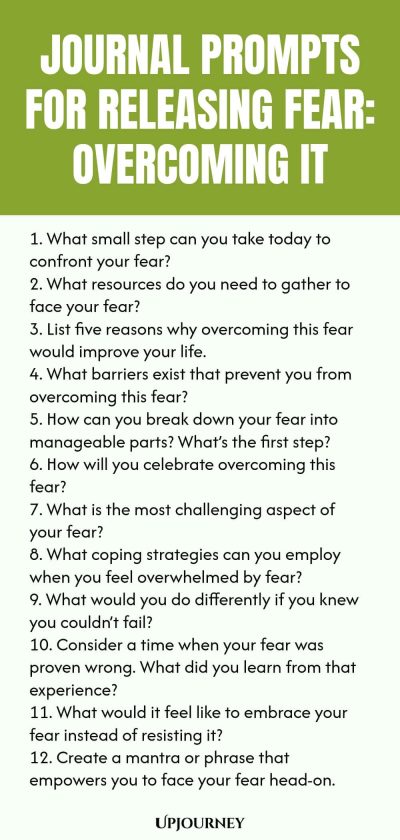 Journal Prompts for Releasing Fear: Overcoming It 1. What small step can you take today to confront your fear? 2. What resources do you need to gather to face your fear? 3. List five reasons why overcoming this fear would improve your life. 4. What barriers exist that prevent you from overcoming this fear? 5. How can you break down your fear into manageable parts? Whatโs the first step? 6. How will you celebrate overcoming this fear? 7. What is the most challenging aspect of y...