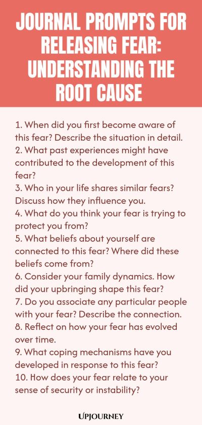 Journal Prompts for Releasing Fear: Understanding the Root Cause 1. When did you first become aware of this fear? Describe the situation in detail. 2. What past experiences might have contributed to the development of this fear? 3. Who in your life shares similar fears? Discuss how they influence you. 4. What do you think your fear is trying to protect you from? 5. What beliefs about yourself are connected to this fear? Where did these beliefs come from? 6. Consider your famil...