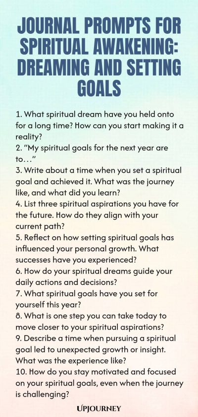 Journal Prompts for Spiritual Awakening: Dreaming and Setting Goals 1. What spiritual dream have you held onto for a long time? How can you start making it a reality? 2. โMy spiritual goals for the next year are toโฆโ 3. Write about a time when you set a spiritual goal and achieved it. What was the journey like, and what did you learn? 4. List three spiritual aspirations you have for the future. How do they align with your current path? 5. Reflect on how setting spiritual goals h...
