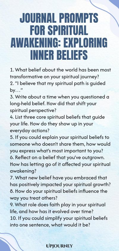 Journal Prompts for Spiritual Awakening: Exploring Inner Beliefs 1. What belief about the world has been most transformative on your spiritual journey? 2. โI believe that my spiritual path is guided byโฆโ 3. Write about a time when you questioned a long-held belief. How did that shift your spiritual perspective? 4. List three core spiritual beliefs that guide your life. How do they show up in your everyday actions? 5. If you could explain your spiritual beliefs to someone who doe...