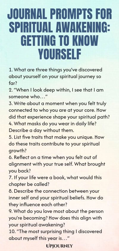 Journal Prompts for Spiritual Awakening: Getting to Know Yourself 1. What are three things youโve discovered about yourself on your spiritual journey so far? 2. โWhen I look deep within, I see that I am someone whoโฆโ 3. Write about a moment when you felt truly connected to who you are at your core. How did that experience shape your spiritual path? 4. What masks do you wear in daily life? Describe a day without them. 5. List five traits that make you unique. How do these traits cont...