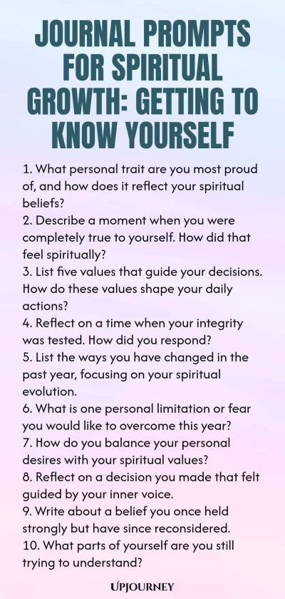Journal Prompts for Spiritual Growth: Getting to Know Yourself 1. What personal trait are you most proud of, and how does it reflect your spiritual beliefs? 2. Describe a moment when you were completely true to yourself. How did that feel spiritually? 3. List five values that guide your decisions. How do these values shape your daily actions? 4. Reflect on a time when your integrity was tested. How did you respond? 5. List the ways you have changed in the past year, focusing on ...