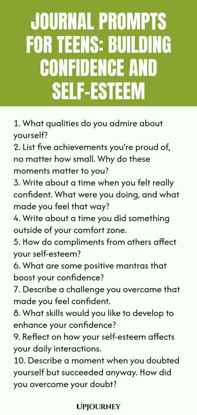 Journal Prompts for Teens: Building Confidence and Self-Esteem 1. What qualities do you admire about yourself? 2. List five achievements you’re proud of, no matter how small. Why do these moments matter to you? 3. Write about a time when you felt really confident. What were you doing, and what made you feel that way? 4. Write about a time you did something outside of your comfort zone. 5. How do compliments from others affect your self-esteem? 6. What are some positive mantras ...