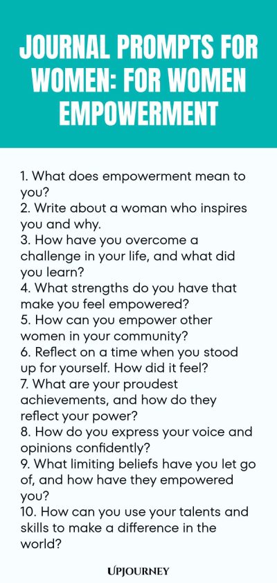 Journal Prompts for Women: For Women Empowerment 1. What does empowerment mean to you? 2. Write about a woman who inspires you and why. 3. How have you overcome a challenge in your life, and what did you learn? 4. What strengths do you have that make you feel empowered? 5. How can you empower other women in your community? 6. Reflect on a time when you stood up for yourself. How did it feel? 7. What are your proudest achievements, and how do they reflect your power? 8. How do...