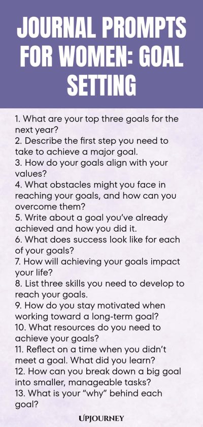 Journal Prompts for Women: Goal Setting 1. What are your top three goals for the next year? 2. Describe the first step you need to take to achieve a major goal. 3. How do your goals align with your values? 4. What obstacles might you face in reaching your goals, and how can you overcome them? 5. Write about a goal you’ve already achieved and how you did it. 6. What does success look like for each of your goals? 7. How will achieving your goals impact your life? 8. List three ...