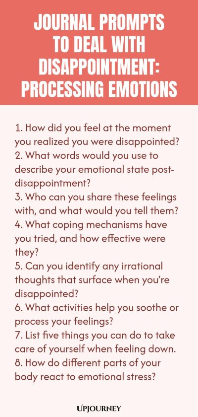 "Journal Prompts to Deal with Disappointment: Processing Emotions: 1. How did you feel at the moment you realized you were disappointed? 2. What words would you use to describe your emotional state post-disappointment? 3. Who can you share these feelings with, and what would you tell them? 4. What coping mechanisms have you tried, and how effective were they? 5. Can you identify any irrational thoughts that surface when youโre disappointed? 6. What activities help you soo"