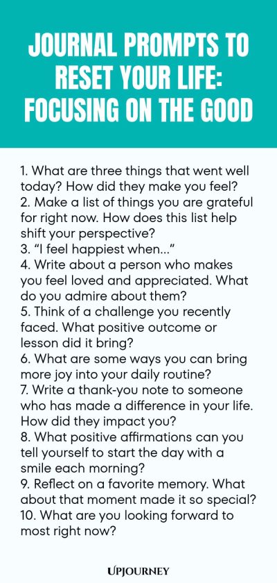 100 Journal Prompts to Reset Your Life: Focusing on the Good 1. What are three things that went well today? How did they make you feel? 2. Make a list of things you are grateful for right now. How does this list help shift your perspective? 3. “I feel happiest when…” 4. Write about a person who makes you feel loved and appreciated. What do you admire about them? 5. Think of a challenge you recently faced. What positive outcome or lesson did it bring? 6. What are some ways you c...