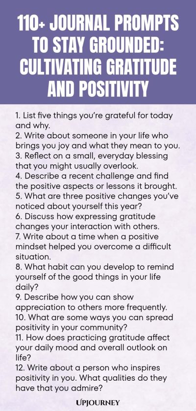 110+ Journal Prompts to Stay Grounded: Cultivating Gratitude and Positivity 1. List five things youโre grateful for today and why. 2. Write about someone in your life who brings you joy and what they mean to you. 3. Reflect on a small, everyday blessing that you might usually overlook. 4. Describe a recent challenge and find the positive aspects or lessons it brought. 5. What are three positive changes youโve noticed about yourself this year? 6. Discuss how expressing gratitude...