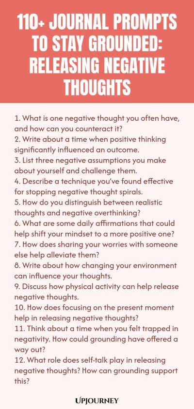 110+ Journal Prompts to Stay Grounded: Releasing Negative Thoughts 1. What is one negative thought you often have, and how can you counteract it? 2. Write about a time when positive thinking significantly influenced an outcome. 3. List three negative assumptions you make about yourself and challenge them. 4. Describe a technique youโve found effective for stopping negative thought spirals. 5. How do you distinguish between realistic thoughts and negative overthinking? 6. What a...