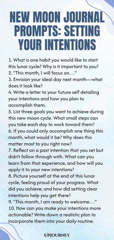 New Moon Journal Prompts: Setting Your Intentions 1. What is one habit you would like to start this lunar cycle? Why is it important to you? 2. “This month, I will focus on…” 3. Envision your ideal day next month—what does it look like? 4. Write a letter to your future self detailing your intentions and how you plan to accomplish them. 5. List three goals you want to achieve during this new moon cycle. What small steps can you take each day to work toward them? 6. If you could ...