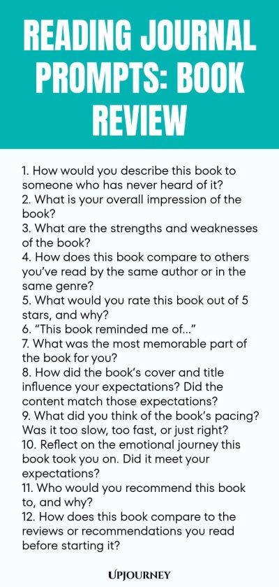 Reading Journal Prompts: Book Review 1. How would you describe this book to someone who has never heard of it? 2. What is your overall impression of the book? 3. What are the strengths and weaknesses of the book? 4. How does this book compare to others youโve read by the same author or in the same genre? 5. What would you rate this book out of 5 stars, and why? 6. โThis book reminded me ofโฆโ 7. What was the most memorable part of the book for you? 8. How did the bookโs cover ...