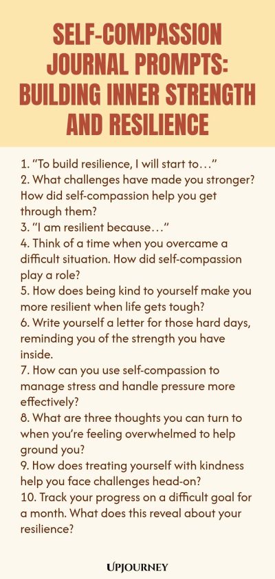 Self-Compassion Journal Prompts: Building Inner Strength and Resilience 1. “To build resilience, I will start to…” 2. What challenges have made you stronger? How did self-compassion help you get through them? 3. “I am resilient because…” 4. Think of a time when you overcame a difficult situation. How did self-compassion play a role? 5. How does being kind to yourself make you more resilient when life gets tough? 6. Write yourself a letter for those hard days, reminding you of t...