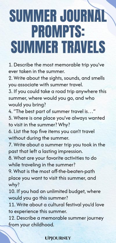 80 Summer Journal Prompts: Summer Travels 1. Describe the most memorable trip you’ve ever taken in the summer. 2. Write about the sights, sounds, and smells you associate with summer travel. 3. If you could take a road trip anywhere this summer, where would you go, and who would you bring? 4. “The best part of summer travel is…” 5. Where is one place you’ve always wanted to visit in the summer? Why? 6. List the top five items you can’t travel without during the summer. 7. Writ...