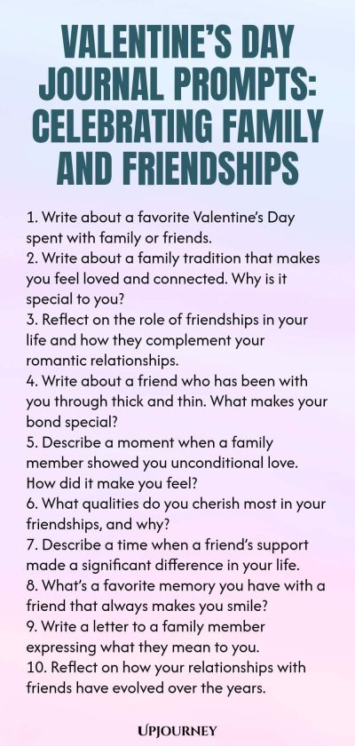 140 Valentineโs Day Journal Prompts: Celebrating Family and Friendships 1. Write about a favorite Valentineโs Day spent with family or friends. 2. Write about a family tradition that makes you feel loved and connected. Why is it special to you? 3. Reflect on the role of friendships in your life and how they complement your romantic relationships. 4. Write about a friend who has been with you through thick and thin. What makes your bond special? 5. Describe a moment when a family...