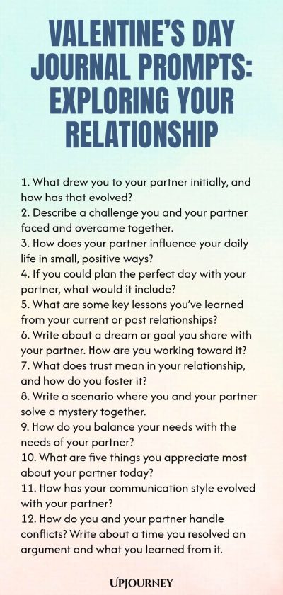 140 Valentineโs Day Journal Prompts: Exploring Your Relationship 1. What drew you to your partner initially, and how has that evolved? 2. Describe a challenge you and your partner faced and overcame together. 3. How does your partner influence your daily life in small, positive ways? 4. If you could plan the perfect day with your partner, what would it include? 5. What are some key lessons youโve learned from your current or past relationships? 6. Write about a dream or goal yo...