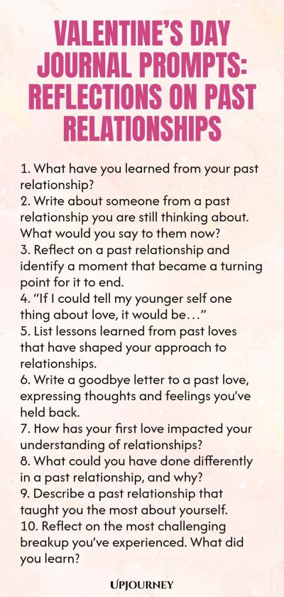 140 Valentineโs Day Journal Prompts: Reflections on Past Relationships 1. What have you learned from your past relationship? 2. Write about someone from a past relationship you are still thinking about. What would you say to them now? 3. Reflect on a past relationship and identify a moment that became a turning point for it to end. 4. โIf I could tell my younger self one thing about love, it would beโฆโ 5. List lessons learned from past loves that have shaped your approach to rel...