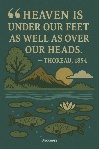 A nature scene with two fish swimming among lily pads in a pond. In the background are trees, a mountain, the sun, and a cloud. The quote says: "HEAVEN IS UNDER OUR FEET AS WELL AS OVER OUR HEADS." — THOREAU, 1854