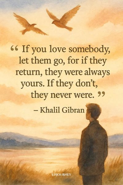 Watercolor painting of a man looking over a lake at sunset with two birds flying overhead. Quote reads: "If you love somebody, let them go, for if they return, they were always yours. If they don’t, they never were." — Khalil Gibran.