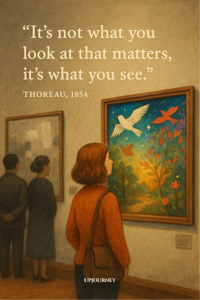 A warm-toned, softly illustrated museum scene with three people observing paintings on a wall. The closest person is a red-haired woman in a brown sweater and shoulder bag, looking at a colorful painting of birds flying over trees and flowers. The other two people, a man and a woman, are looking at a more muted, abstract painting beside her. The quote in cream text at the top left reads: "It’s not what you look at that matters, it’s what you see." THOREAU, 1854