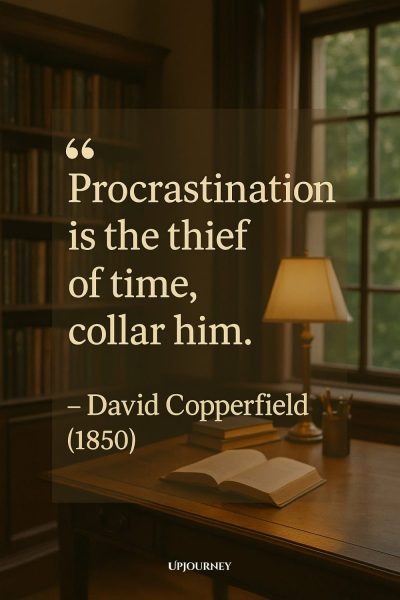 Cozy study room with a wooden desk, an open book, a lit lamp, and bookshelves in the background. The quote reads: "Procrastination is the thief of time, collar him." — David Copperfield (1850).