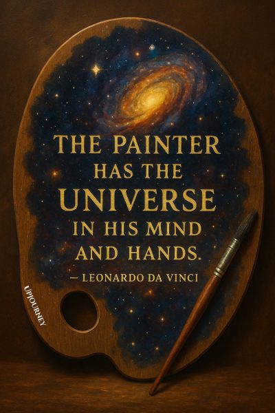 A wooden artist's palette with a paintbrush resting on it. The palette shows a starry night sky with a glowing galaxy. Text on the palette reads: "The painter has the universe in his mind and hands. — Leonardo da Vinci."