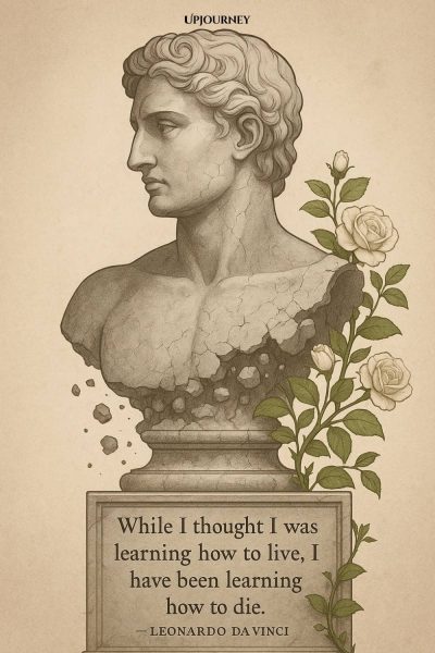 A cracked classical stone bust with a blooming white rose growing from the cracks. The text reads: "While I thought I was learning how to live, I have been learning how to die. — Leonardo da Vinci"