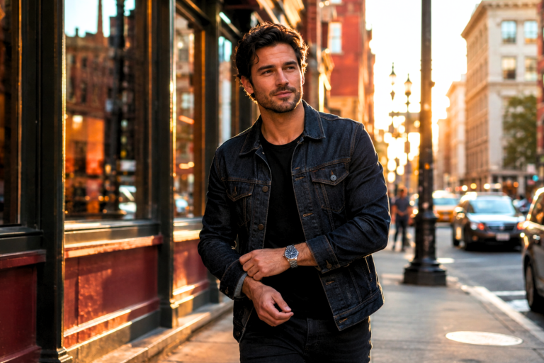 Confident man in a dark denim jacket walking through a downtown neighborhood during golden hour.