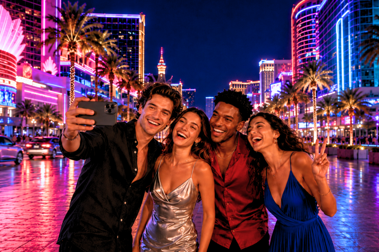 Four friends laughing while taking a group selfie on the neon-lit Las Vegas Strip at night.