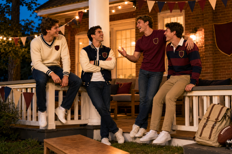 Four fraternity brothers laugh together on a decorated frat house porch during an evening gathering