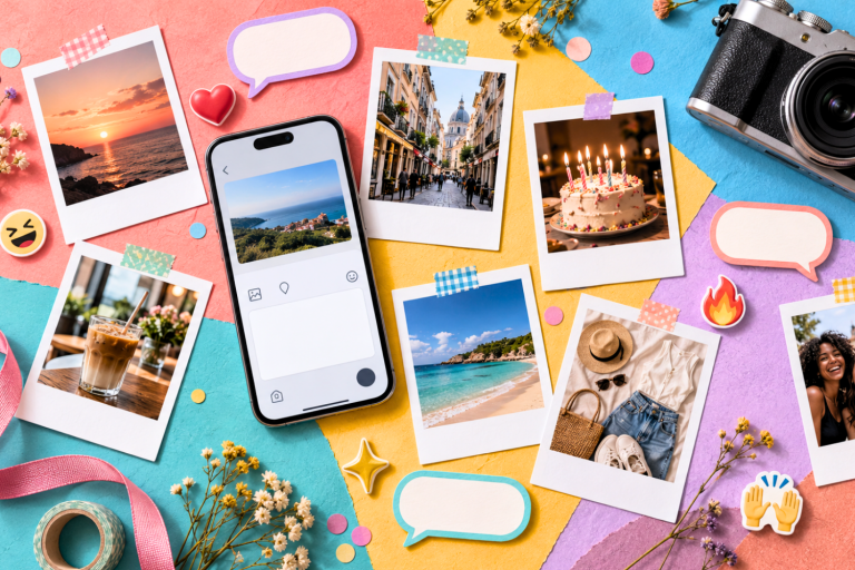 Colorful social media scrapbook flat lay with a smartphone, camera, instant photos, reaction stickers, blank chat bubbles, flowers, and ribbons.