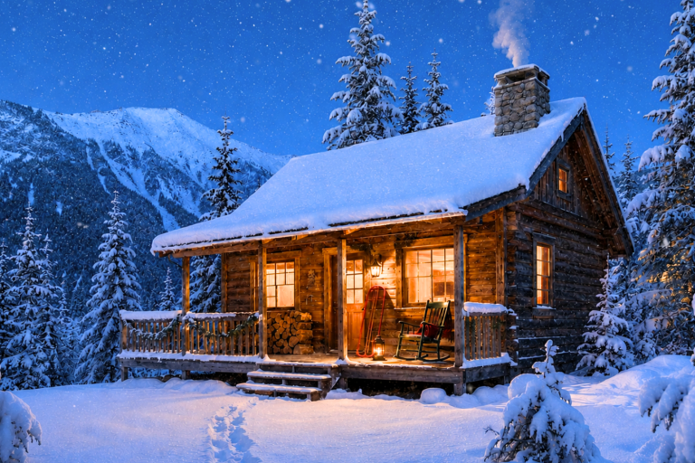 Cozy wooden cabin surrounded by snow-covered pine trees during a softly overcast winter day, with warm glowing windows and gentle snowfall.
